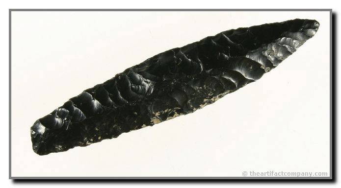 3" Haskett: Fabulous flaking to a median ridge on both sides. Glossy Jet Black Obsidian loaded with minerals. Found in Oregon.