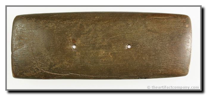 Two Hole Gorget From Kentucky: Nice Two Hole Gorget from Mason Co., Kentucky. It measures 3 1/2" long and was crafted from indurated siltstone. Ex- Schweickart.