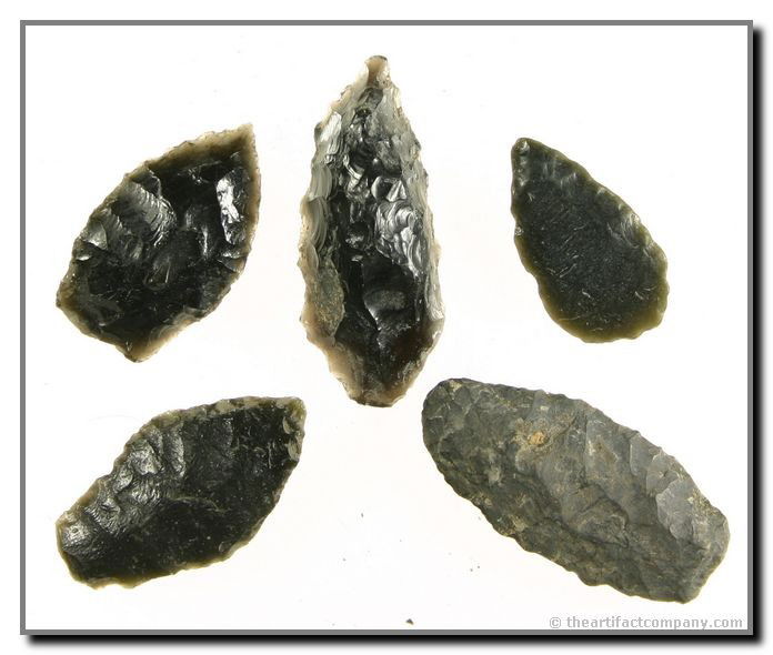 Mini-Collection of 5 Obsidian Darts: 5 great Obsidian darts ranging in size from 1 1/8" - 1 1/2". Out of the Bodle collection from Klamath Co., Oregon.