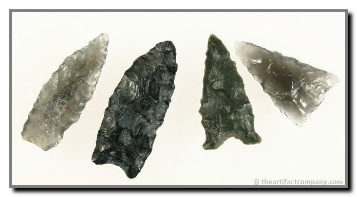 Mini-Collection of 4 Obsidian Points From Oregon: This group has a nice assortment of types and were all found in Klamath Co., Oregon by Justin Matthews. 2 of these obsidian pieces have great translucency. The largest is 1 11/16" in length.