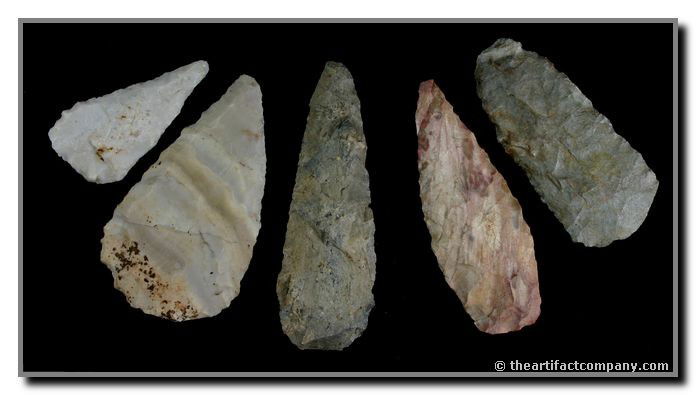 Great Lot Of 5 Indiana Blades: 5 Blades ranging in length from 2 3/8" to 3 7/8" with great color and material. Found by John Miller in Clay Co., Indiana.