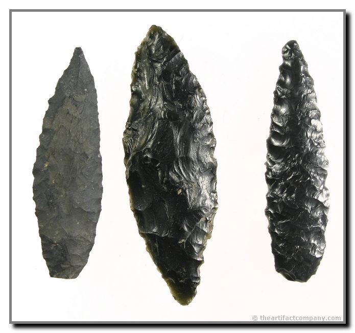 3 Great Obsidian Blades From Oregon: 3 nice Obsidian blades ranging in size from 2 3/4" - 3 1/4". Out of Klamath Co., Oregon. Ex- Bodle