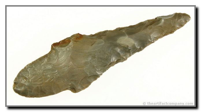 3 7/8" Adena Drill Form: Classic Gray Hornstone. Big and intact. Exceptionally well executed base. Found by John Miller in Clay Co., Indiana.