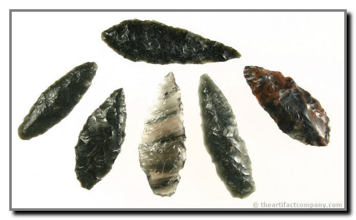 Mini-Collection of 6 Pretty Obsidian Blades From O: 6 Obsidian blades with beautiful coloration and great craftsmanship all around 1 3/4" long. Found in Klamath Co., Oregon. Ex- Bodle.