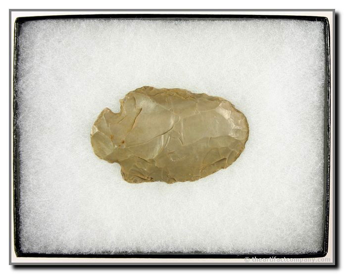 2 1/8" St. Charles Hafted Scraper: Wyandotte Chert. Nice condition. Display frame included. Ex- James Leak Collection. Warren Co., Indiana.