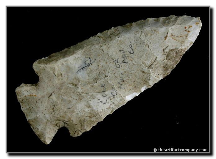 3 3/16" Hardin - Davis COA: White Burlington chert with blushes opf gray. Well executed and in good condition. Origin reported as Missouri. Davis COA.