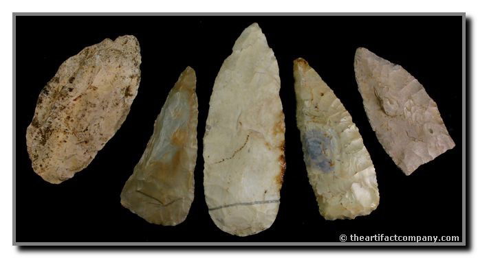 Great Lot Of 5 Indiana Blades: 5 Blades ranging in length from 2 1/2" to 4 1/8" with great color and material. Found by John Miller in Clay Co., Indiana.