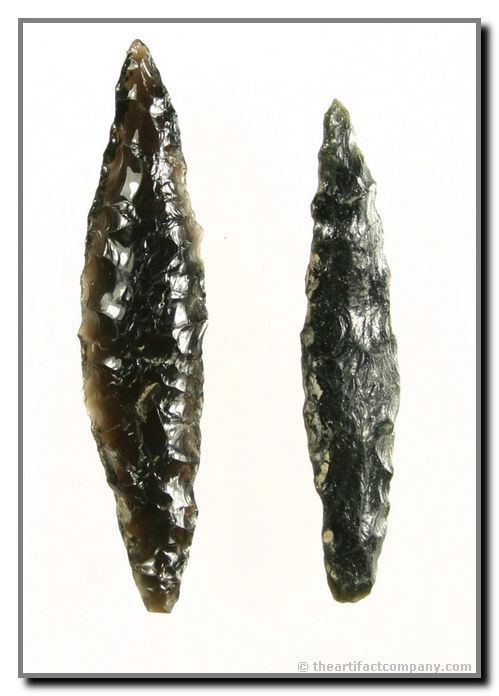 Nice Pair Of Cordilleran Blades: 2 extremely well made miniature Cordilleran blades. Obsidian pieces found in Klamath Co., Oregon. Ex- Bodle. Approximately 2 3/4".