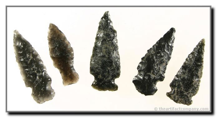 Group of 5 Stemmed Obsidian Darts From Oregon: 5 great stemmed darts from Klamath Co., Oregon. 2 of the Obsidian points have nice translucency. Size range from 1 5/8" to 2". Ex- Bodle.