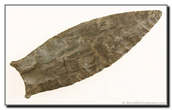3 5/8" Cumberland - Rogers, Dickey, and Stermer CO: Thin and awesome!! Dickey states that this is an example of a 'Folsom component pseudo-flute' with flaking consistent with the Lindenmeier tradition. Very rare. Found in Perry Co., Tennessee.