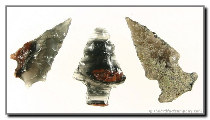 3 Pretty Translucent Darts From Oregon: These 3 pieces are made from a translucent Obsidian with red inclusions. All are from Klamath Co., Oregon. The largest one is 1 1/4" in length. Ex- Bodle.