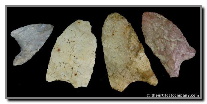 4 Nice Indiana Paleo Points: Colorful lot of 4 paleo points measuring up to 2". Found in Clay Co., Indiana by John Miller.