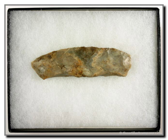Nice Paleo Knife From Indiana: This nice 3 1/2" Paleo Knife is made from high grade tan and gray Chert. Found in Warren Co., Indiana and includes a display case. Ex- James Leak Collection.