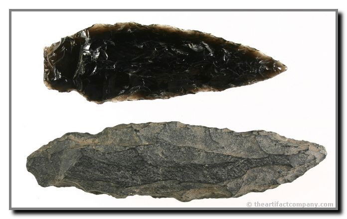 Pair of Large Obsidian Blades From Oregon: 2 large Obsidian Blades from Klamath Co., Oregon. This attractive pair has good mineralization and the largest is 4 3/4" long. Ex- Bodle.