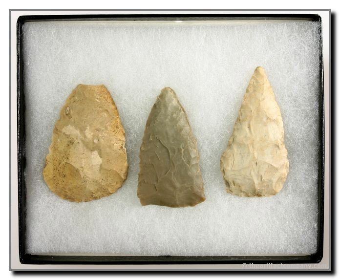 3 Nice Archaic Blades From Indiana: This lot includes a Pomranky point and a Red Ochre blade with a display case. All of these pieces are from Warren Co., Indiana and measure about 2 1/4". Ex- James Leak Collection.