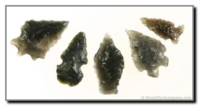 5 Great Obsidian Points From Oregon: Some nice variety in this group of 5 points from Klamath Co., Oregon. Lengths up to 1 1/2". Ex- Bodle.