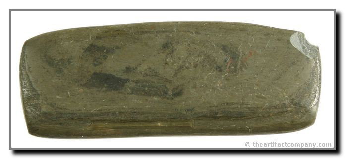 2 1/2" Slate Ulu (woman's knife): Rare form for a slate artifact from No. America. Possibly aboriginally salvaged from a larger earlier pendant. Great condition and nice eye appeal in green banded slate. Found in Shelby Co., Indiana.