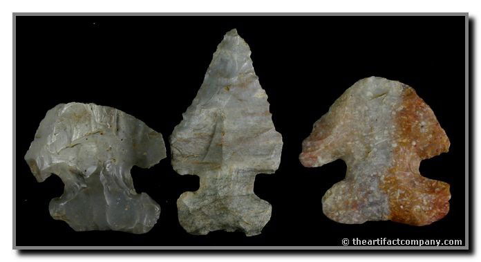 3 Colorful Thebes Points From Indiana: Lot of 3 very colorful Thebes points from Clay Co., Indiana. They were found by John Miller, and measure up to 2 3/16"