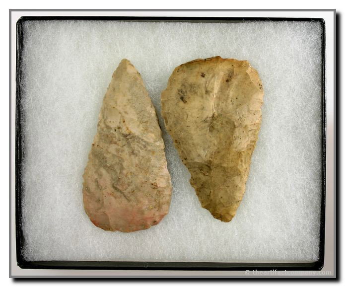 Pair Of Indiana Great Cobbs Knives: 2 fabulous tan Chert Cobbs Knives. These pieces are from Warren Co., Indiana, measure about 3 1/8", and include a display case. Ex- James Leak Collection.