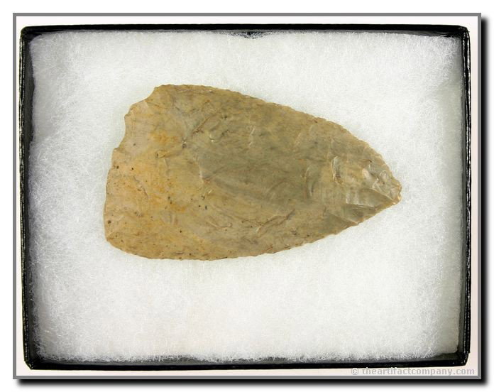 2 3/4" Pomrankry / Red Ochre Complex: ID'ed by the owner. Nice condition. Very thin and very pretty high grade flint. Lookls like a Lost Lake preform. Display frame included. Ex- James Leak Collection. Warren Co., Indiana.