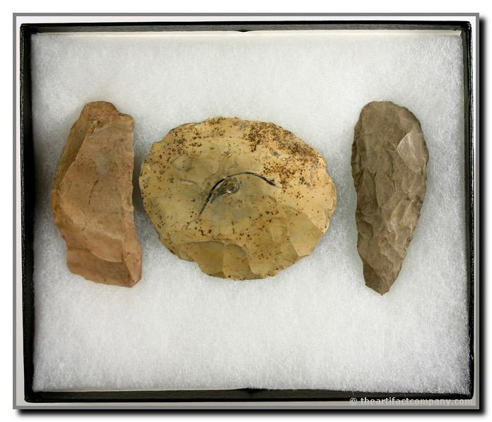Mini-Collection Of 3 Paleo Tools: This collection of paleo tools were all found in Warren Co., Indiana. They include a display case and are up to 2 3/4" in length. Ex- James Leak Collection.