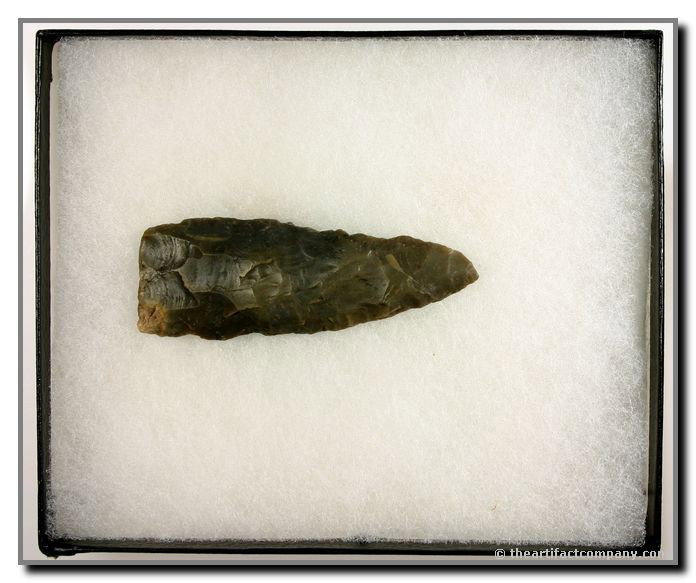 Super Indiana Clovis Knife: A great 3 3/8" Clovis Knife from Warren Co., Indiana. Nice form and includes a display case. Ex- James Leak Collection.