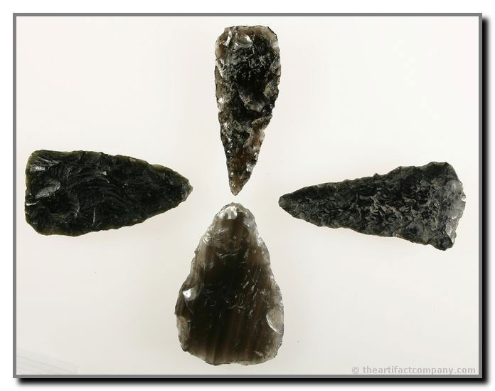 Mini-Collection of 4 Early Archaic Blades From Ore: 4 nice Obsidian blades with no brainer mineralization from Klamath Co., Oregon. Ex- Bodle collection.