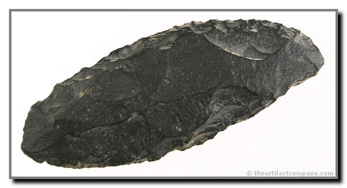 Great Oregon Leaf Blade: A 4 7/8" Obsidian Leaf Blade From Klamath Co., Oregon. Has a large amount of alkali deposits on one side. Ex- Bodle.