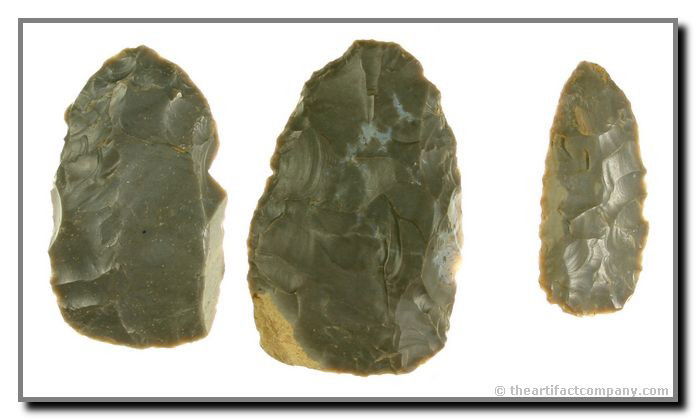 3 Super Nice Early Hornstone Blades: These 3 early Hornstone blade are fantastic. The largest measures 2 1/2" long. They were found in Clay Co., Indiana by John Miller.