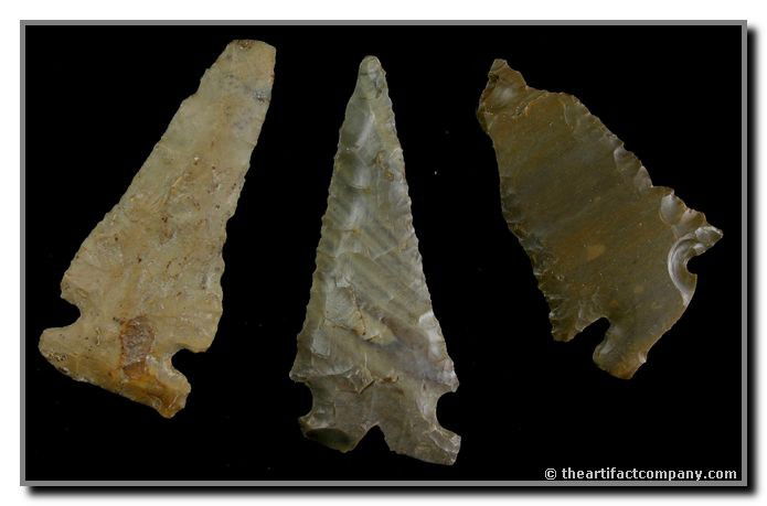 3 Large Early Archaic Points From Indiana: These 3 large Early Archaic points measure up to 3 3/8" long and have pretty colors. They were found in Clay Co., Indiana by John Miller.