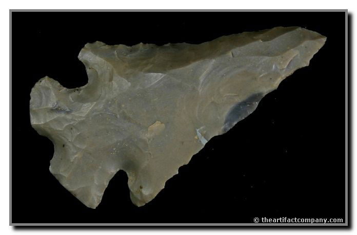 2 1/2" Indented Base Dovetail: Exotic form. Great condition. Gray Hornstone. Found by John Miller in Clay Co., Indiana.