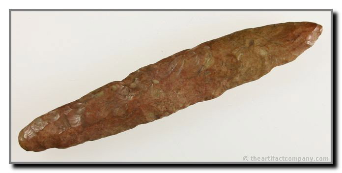4 3/8" World-Class Pipe Drill - Jackson COA: Magnificent Pipe Drill probably started life as a Leflore Blade although the flaking is so good it could have been an Agate Basin. Truly expertly crafted. Pretty Kay Co. Chert. Osage Co., Oklahoma. Ja