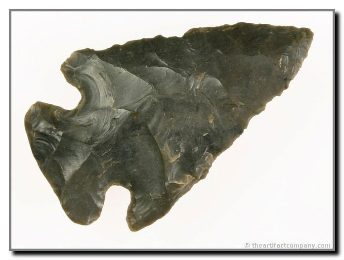 2 3/4" Thebes: Great symmetry. Great piece. Dark gray high grade Hornstone. Found by John Miller in Clay Co., Indiana.