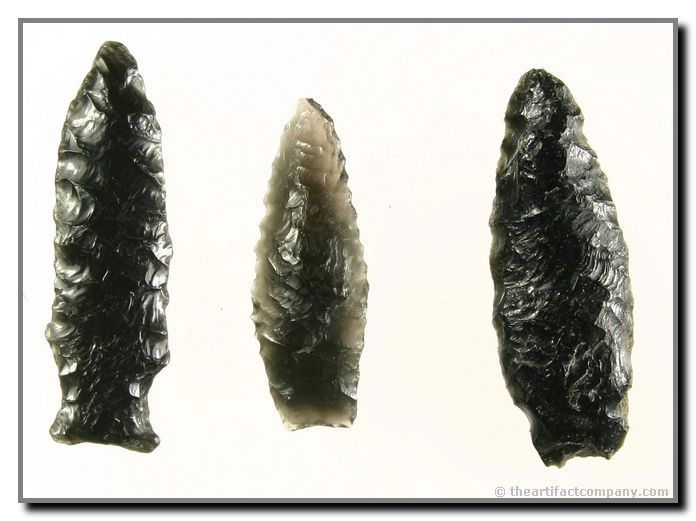 Group Of 3 Fantastic Obsidian Points: This lot includes a Pryor Stemmed, a Windust, and a translucent Humbolt. All are Obsidian out of Klamath Co., Oregon. Fantastic points from the Bodle collection. Approximately 2" long.