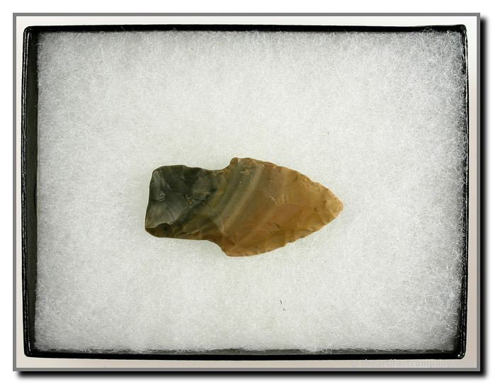 Pretty Stemmed Adena From Indiana: A 1 7/8" Stemmed Adena made from absolutely gorgeous tan, gray, and cream banded Chert. This fabulous piece was found in Warren Co., Indiana. Ex- James Leak Collection.