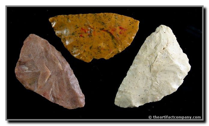 3 nice Side Hafted Knives: Quartzite, Hartville Uplift, and cream cherts represented in this group found by George Green in Lincoln Co., Nebraska.