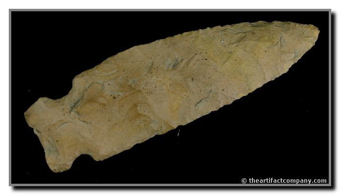 3 1/2" Big Sandy: Nice tan Ft. Payne Chert. Long for the type. Excellent condition. Found by John Miller in Clay Co., Indiana.