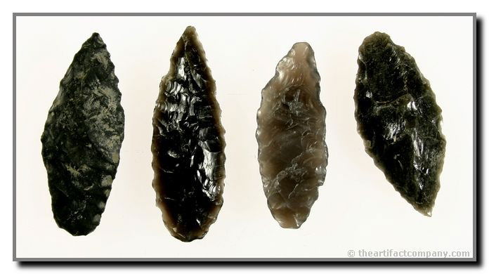 Great Group of 4 Obsidian Blades: This nice lot of 4 Obsidian Blades has great mineralization. All were found in Klamath Co., Oregon by Justin Matthews. The largest point is 2" in length.