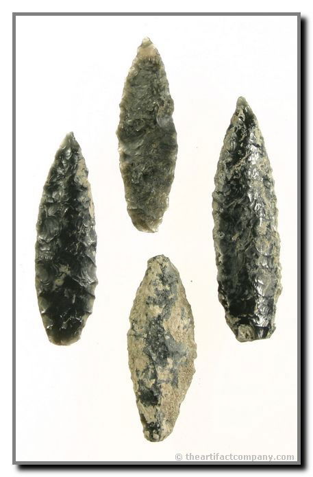 4 Great Cascade Points From Oregon: 4 great Cascade blades with awesome mineralization. These Obsidian pieces are from Klamath Co., Oregon and are from the Bodle collection. Size range from 1 3/4" - 2 1/4".