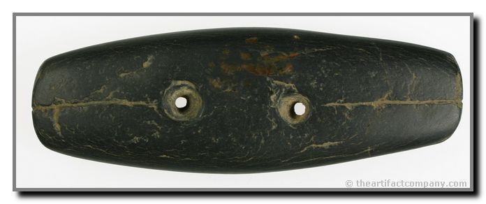 Super Fine 5 1/8" Cannel Coal Gorget: Finest and biggest we have seen. Incised lines across the top from the holes to the ends. Fayette Co., Kentucky.