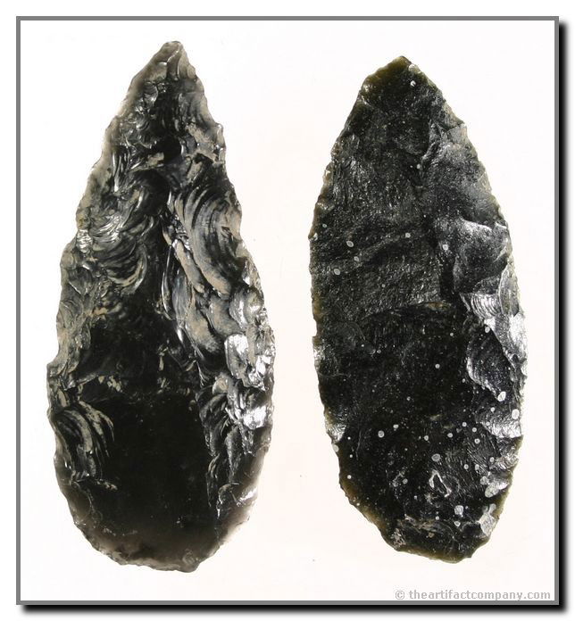 Pair of Great Obsidian Early Leaf Knives.: This pair of Early Leaf Knives has nice form and great mineralization. These Obsidian pieces come out of Klamath Co, Oregon. Ex- Bodle.