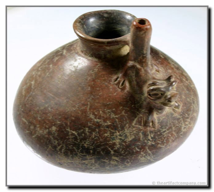 Awesome Jaguar Effigy Jar from Ecuador - Jackson C: 4 3/4 inches wide by 4 inches tall and in perfect condition. Absolutely solid with no restoration and covered in original root fibers (worm tracks). Great Jaguar effigy in rich brown terra cotta. Jack