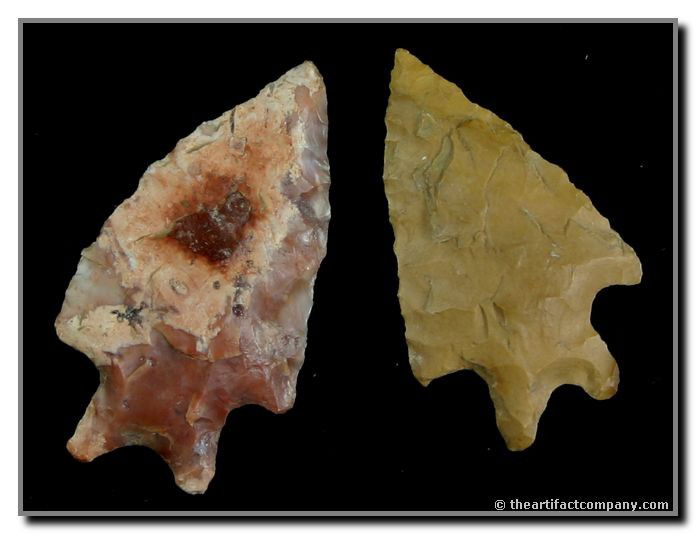 Pair of World Class Lake Eries: Biggest is 1 1/2" and made of a really pretty translucent multicolored glossy chert with a big red maroon heart on one side. The other is a yellowish Jasper expertly crafted. Found by John Miller. Cla