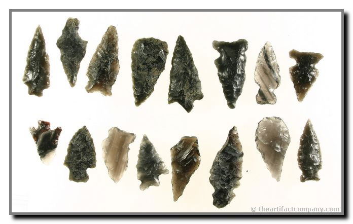 Collection of 16 Obsidian Points Of Various Sizes.: This lot contains 16 points ranging from 3/4" - 1 5/8". Many translucent including 1 with a red swirl. Ex- Bodle from Klamath Co., Oregon.