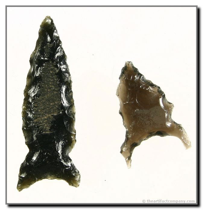 2 Fantastic Points Including Cowhead: This pair of Obsidian points includes 2 rare pieces. A Cowhead and a Foxear. Lengths are 1" and 1 11/16". Ex- Bodle.