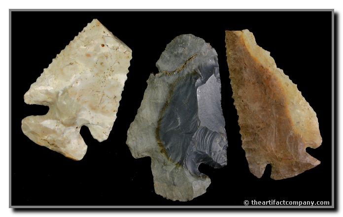 3 Big Early Archaic Heart Breakers: These 3 Early Archaic points are truly heart breakers. They have very nice form and are big with sizes up to 3 1/8" long. Found in Clay Co., Indiana by John Miller.