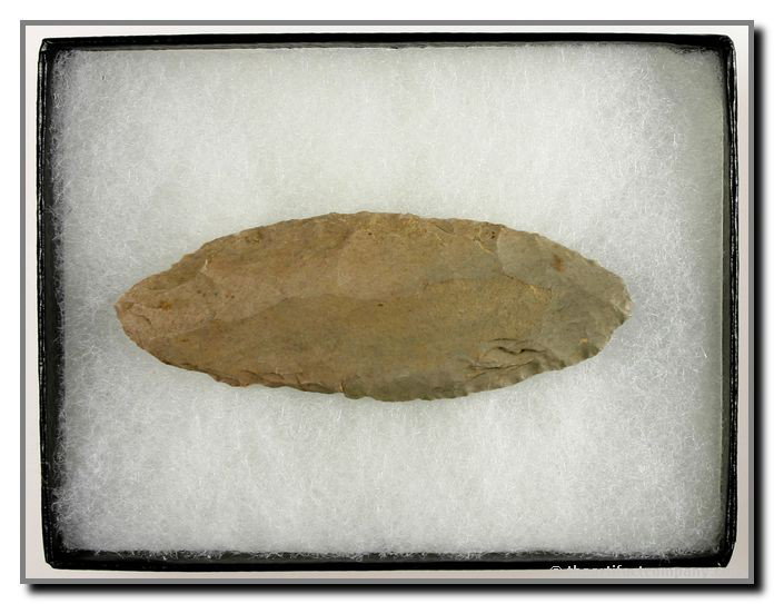 Great Adena Blade From Indiana: Fantastic 3 1/8" Adena Blade made from tan Chert includes a display case. Found in Warren Co., Indiana. Ex- James Leak Collection.