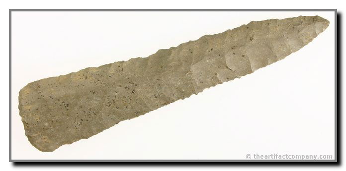 6" Cobbs Knife: Super well made. Long and slender with very pronounced flaking. Lots of minerals too. Pleasing tan Ft. Payne Chert. Fayette Co., Kentucky.