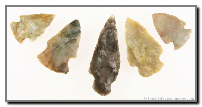 5 Very Pretty Translucent Indiana Points: All 5 of these points are translucent and colorful. There is even a translucent purple Sonora. Lengths up to 2 1/2". Found by John Miller in Clay Co., Indiana