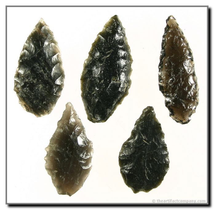 Mini-Collection Of 5 Nice Oregon Blades: 5 symmetrical Obsidian blades from Klamath Co., Oregon. All are roughly 1 1/2" in length and pretty as a picture. Ex- Bodle.